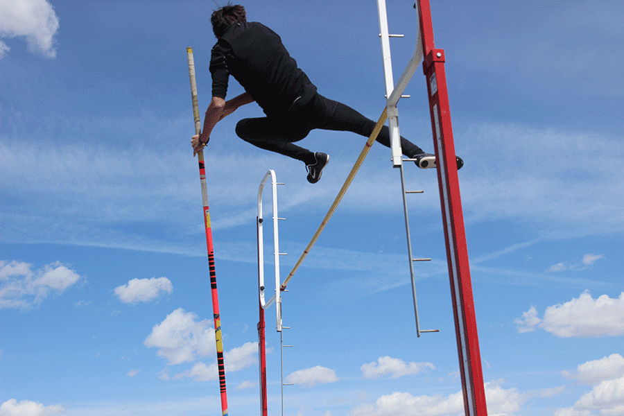 Freshman Josh Frauendienst flies over the pole vault bar during practice at Okie Blanchard Stadium.