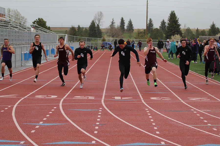 Tyler Peeples, Kyle Freeman, and Cole Jensen finish 1, 2, 3 in the 100 meter dash at the regional track meet. All three were members of the 2016 4A 4x100 relay state championship team, winning their title in Casper, on May 21. Justus Whitmire ran the anchor leg of the states fastest relay team.